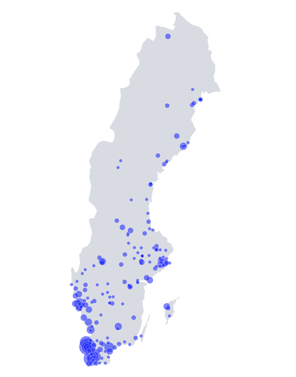 Map of Sweden with dots at approximate postcode locations. Contributions are most concentrated in southern Sweden.